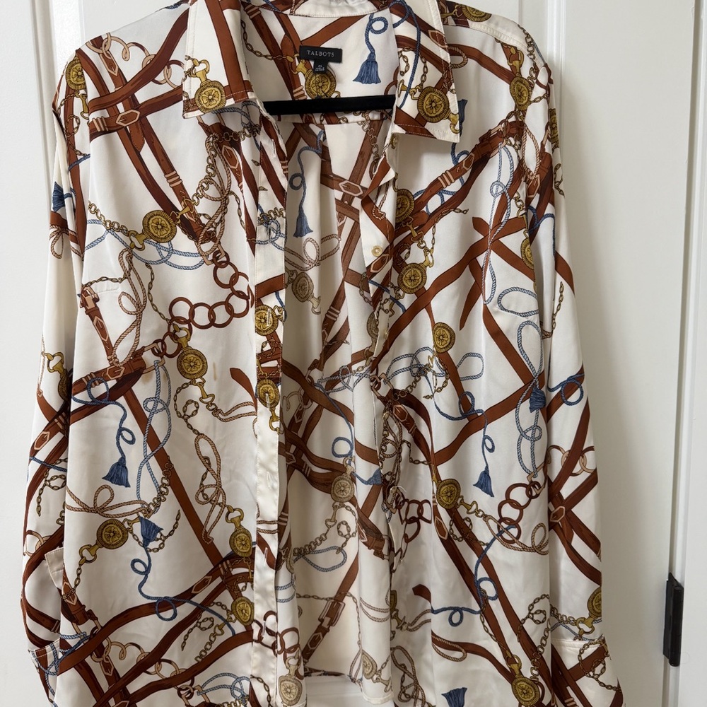 Talbots White and Brown Chain Print Blouse